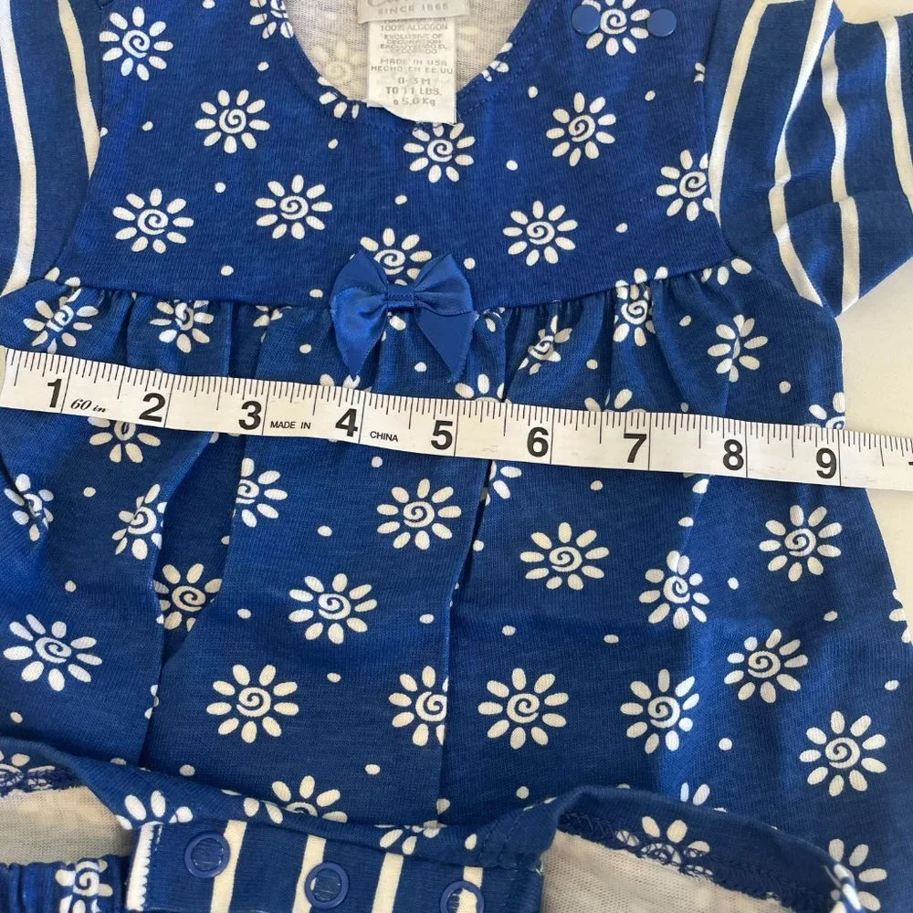 Carters 100% Cotton Floral Romper Onesie Bodysuit Blue White Size 0-3 Months